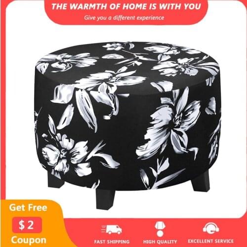 Floral Print Ottoman Covers Elastic Thick Foot Stool Cover Non-slip Washable Ottoman Slipcovers Black Flower Furniture Protector