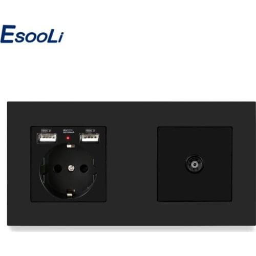 Esooli Black Plastic Panel EU Standard Electric Socket with 2 USB + Female TV Connector 172*86mm Enchufe Pared USB