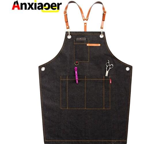 Denim apron Korean fashion barista tea shop hairdressing restaurant men and women overalls custom childrens printed logo