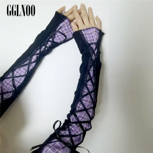 GGLNOO Harajuku Punk Black Sexy Long Gloves Cosplay Women Lace Up Gothic Fingerless Mittens Chic Streetwear
