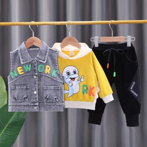 Spring Autumn Baby Boys Girls Cotton Clothes Children Shirts Denim vest hoodies Pants 3Pcs/sets Outfit Kids Toddler Casual sets