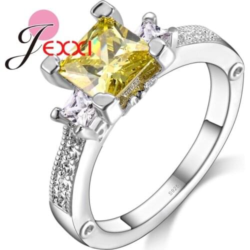 Promotion Fashion 925 Sterling Silver Rings Bridal Wedding Engagement Jewelry Yellow Square Cubic Zircon Crystal Rings