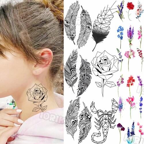 Black Rose Flower Small Temporary Tattoos For Women Girls Feather Watercolor Lavender Plum Fake Tattoo Sticker Neck Tatoos Arm