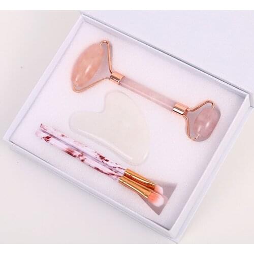 Facial Massager Rose Quartz Roller Natural Stone Jade Roller Spatula Makeup Brush Three-piece Box Jade Roller Skin Care Tool