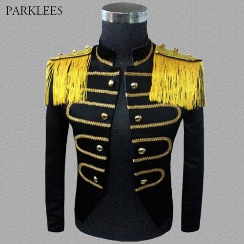 Gothic Mens Epaulette Blazer Vintage Steampunk Drummer Suit Jacket Rock Frock Uniform Stage Drama Halloween Costume Homme Blazer