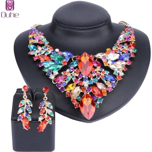 Wedding Statement Jewelry Set Crystal Necklace Earrings Gift for Womens Accessories Gold Color Dating 5 Colors