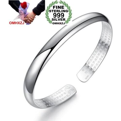 OMHXZJ Wholesale Fashion Retro Woman Child Gift Glossy Chaise Heart Sutra 999 Sterling Silver Bracelet Bangle Adjustable SZ64