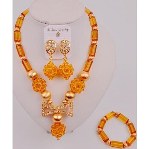 Lovely Crystal Beaded Nigerian Necklace African Gold Jewelry Set ZQ8-09