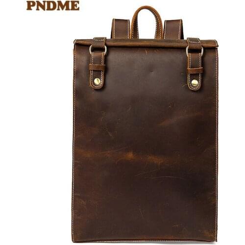 Simple vintage crazy horse cowhide mens womens work backpack business daily travel genuine leather anti-theft laptop bookbag