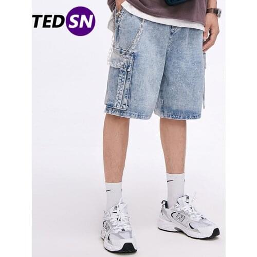Vintage Solid Denim Shorts Mens 2020SS Summer Streetwear Patchwork Pockets Shorts Casual Joggers Loose Knee Length Short Pants