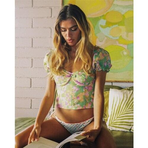 Vintage Floral Print Cropped Tops Short Puff Sleeve Slim High Waist Square Collar Lolita Princess T shirt Bow Sweet Green Tops