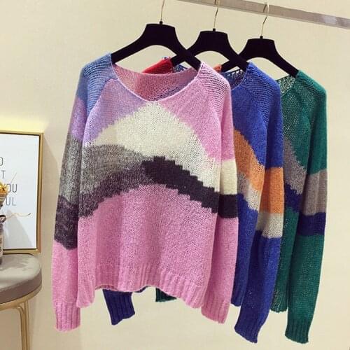 Knit Sweater Womens Pullover Spring Autumn Color Contrast Long-sleeved Sweater Casual Loose Lazy Style All-match Splicing Top