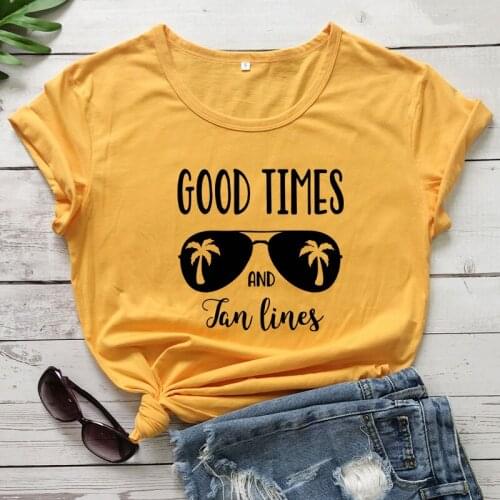Good Times And Tan Lines T-shirt Women Short Sleeve Summer Vacation Tshirt Funny 90s Graphic Beach Vacay Top Tee Shirt Camiseta