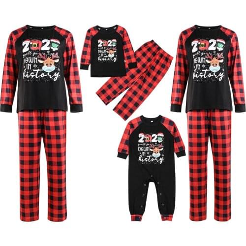 Christmas Family Pajamas Set Autumn Polyester Letter Plaid Print Long Sleeve Round Neck Pullover T-shirt Trousers Romper