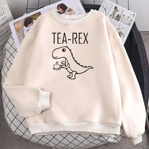 Tea Rex Funny Dinosaur Drink Coffee Printed Sweatshirt Womens Autumn Soft Hoody Simple Warm Hoodies Street Oversize Tops Female
