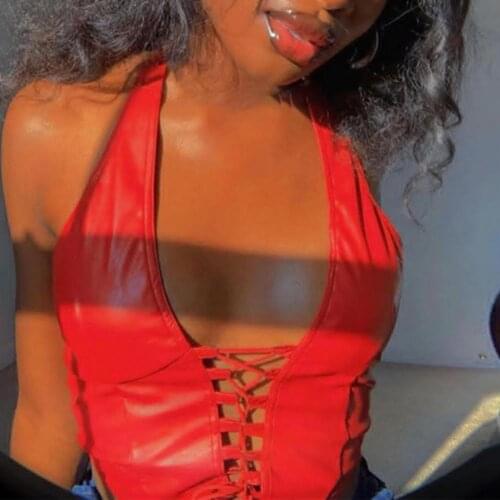 Sisterlinda Sexy Punk Y2K Black PU Leather Crop Top Womens Sleeveless Deep V Neck Backless Camisole Fashion Party Club Vests2021