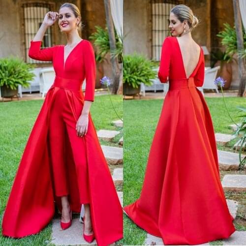 Dubai Red Jumpsuits Formal Evening Dresses With Detachable Skirt V Neck Sleeve Backless Prom Dresses Party Wear Pants for Women