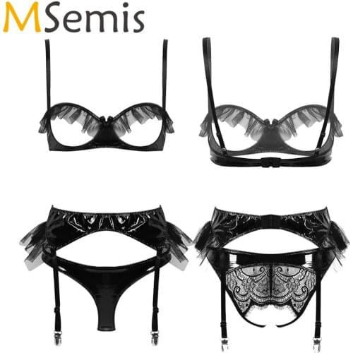 MSemis Women Wet Look Patent Leather Intimates Lace Lingerie Set Open Cups Bra Top with Garter Belt Crotchless Briefs Underwear