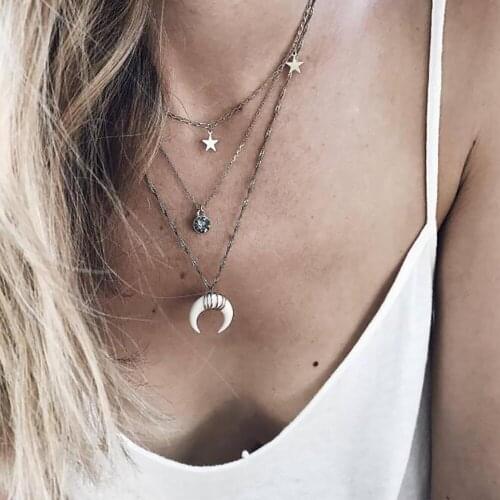 MAA-OE Bohemian Moon Star Crystal Pendant Necklace For Women Fashion Gold Silver Color Necklaces & Vintage Jewelry Wholesale