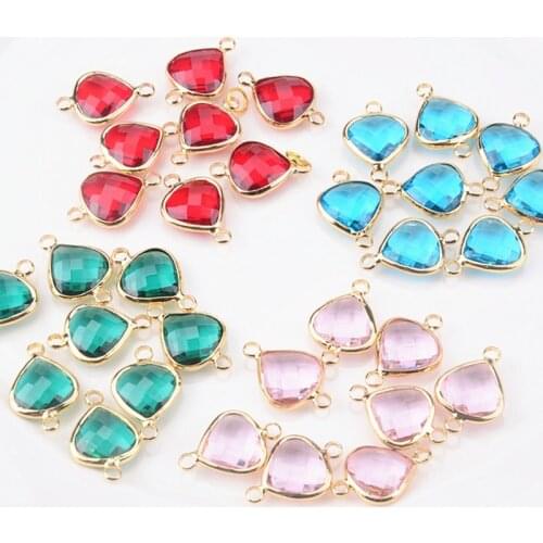 20Pcs/Lot Bohemian Heart Crystal Glass Beads Gold Double Rings Pendant For Necklace Charm Bracelets Connector Jewelry Finding
