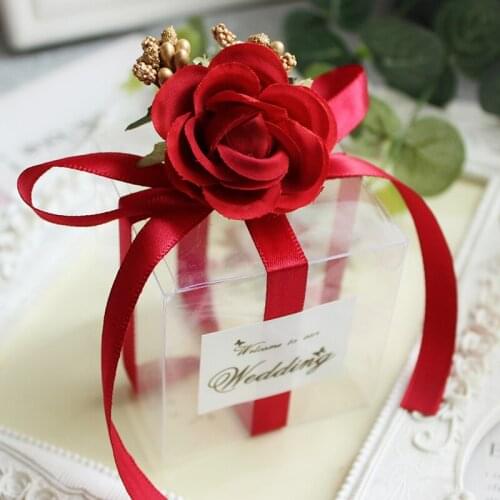 50Pcs Red Flower Gift Box Plastic Kraft Paper Bag Kraft Paper Bag Candy Box Chocolate Favor Box Packaging Boxes Party Supplies