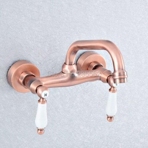 Antique Red Copper Kitchen Bathroom Faucet Wall Mounted Basin Faucet 360 Degree Double Handle Cold Hot Water Mixer Tap Lsf900