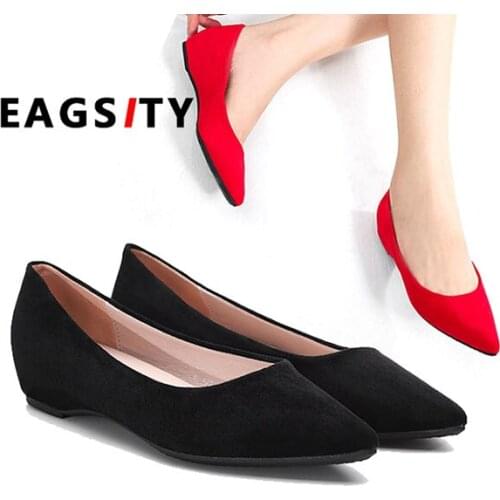 EAGSITY suede fashion women shoes pointed slip on dancing party nude color red casual backless loafers 2.5cm height