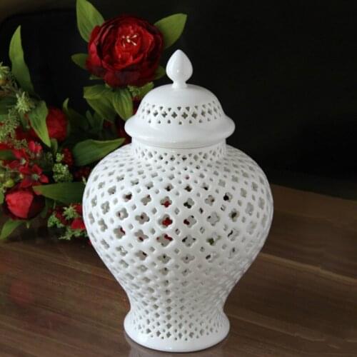 H27.5cm Tall Chinese White Color Glazed Hollow out Porcelain Temple Ginger Jars