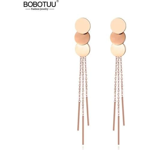 BOBOTUU Bohemia Jewelry Trendy Stainless Steel Round Disc With Tassel Earring Rose Gold Gift For Women Exaggeration BE18104