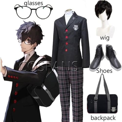 Game Persona 5 Akira Kurusu Cosplay Costume P5 Ren Amamiya Full Set School Uniform Mens Suits Halloween Wig shoes glasses bag