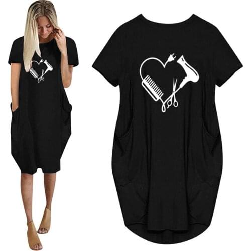 Hair salon Hairstyle Barber Print Women Casual Loose Dress With Pocket Ladies Fashion O Neck Long Tops Female T Shirt Dress