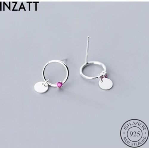 INZATT Real 925 Sterling Silver Red Zircon Round Stud Earrings For Fashion Women Party Cute Fine Jewelry Minimalist Accessories