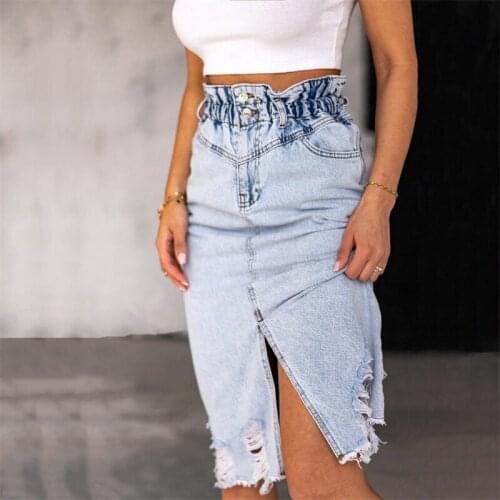Women fashion sexy button elastic split denim skirt with high waist Skirt