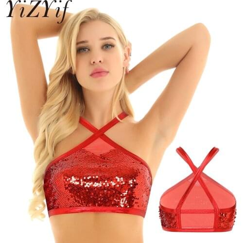 YiZYiF 2021 Sparkly Sequins Sexy Crop Tops Summer Women Halter Neck Back Cross Bustier Bra Vest Fashion Streetwear Club Tees
