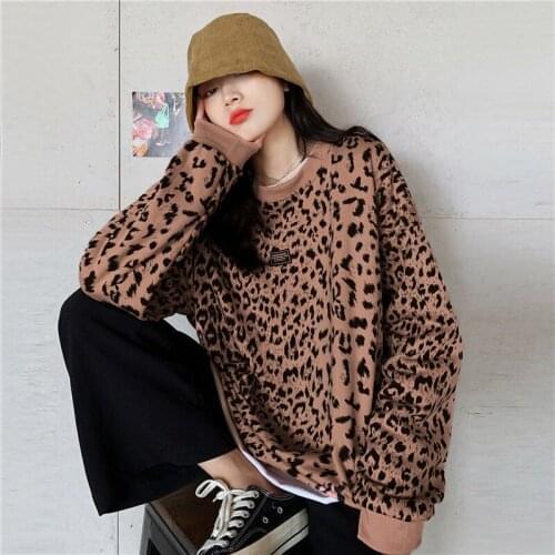 Y2K Pink Leopard Printed Womens Sweatshirts Street Oversize Long Sleeve Hoodies 2021 Autumn Plus Size Loose Female Clothing