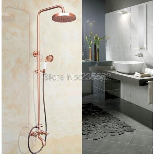 Antique Red Copper Rainfall Bathroom Shower Faucet Set with Wall Mounted Bath Tub Mixer Tap + Hand Spray lrg505
