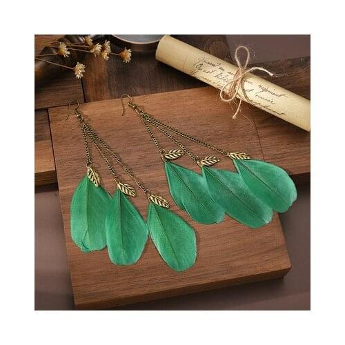 Boho Long Retro Feather Exaggerated Earrings Women Thailand Indian Leaves Chain Tassel Earrings Wedding Jewelry