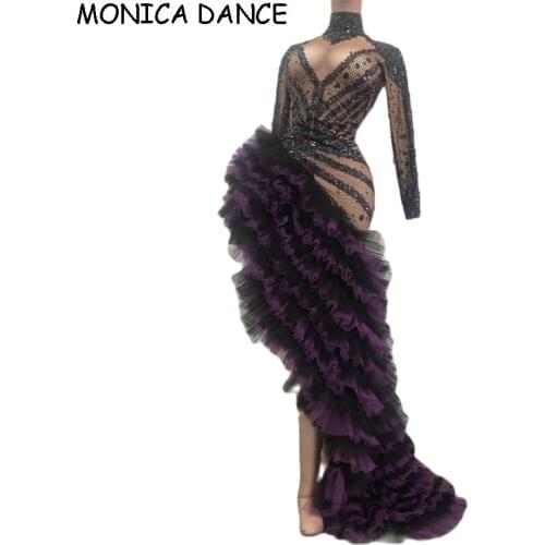 European Court Asymmetric Crystal Mesh Tiered Dress Women Rhinestone Party Evening Birthday Long Dress Singer Dance Costumes