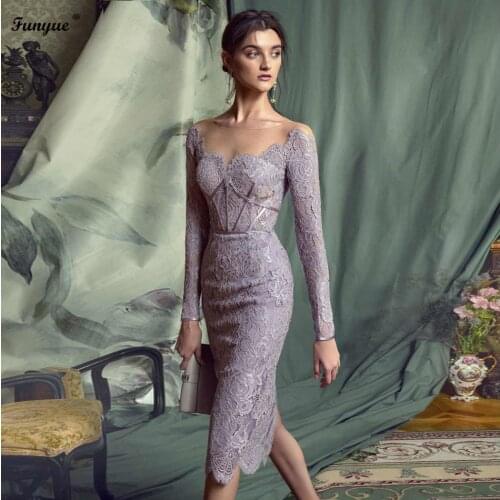 Purple Elegant Women Formal Evening Dresses 2021 Knee Length Lace Long Sleeves Prom Dress Vestido De Fiesta De Boda Party Gowns