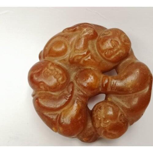 YIZHU CULTUER ART Collection Old China Natural Hand Carved Lovely Three Boys Amulet Pendant Gift