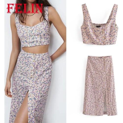FELIN Za Women Sets Vintage Floral Print Cropped Tops and High Waist Front Split Midi Skirts Summer Fashion 2021 Women Suits