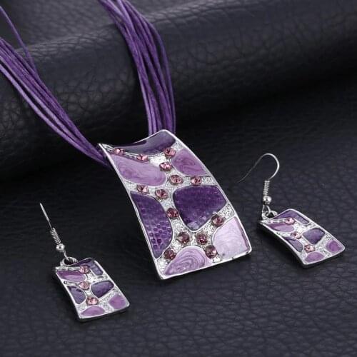 Fashion Gem Square Enamel Jewelry Set Silver Color Painting Pendant Necklace Earrings Bridal Jewelry Sets for Women Wedding