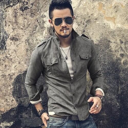 Fashionable Mens Military Suede New Style Single-breasted Slim Shirt Faux Leather Shirt Top