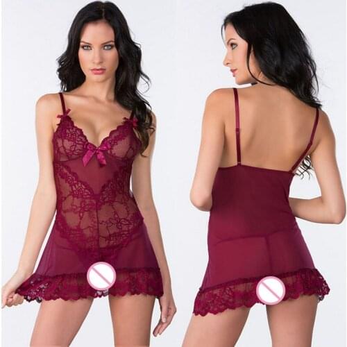 Hot Fashion Porno Lingerie Underwear V-Neck Mini Dress Sleepwear Women Sexy Lace Babydoll G-string Thong Adjustable Straps