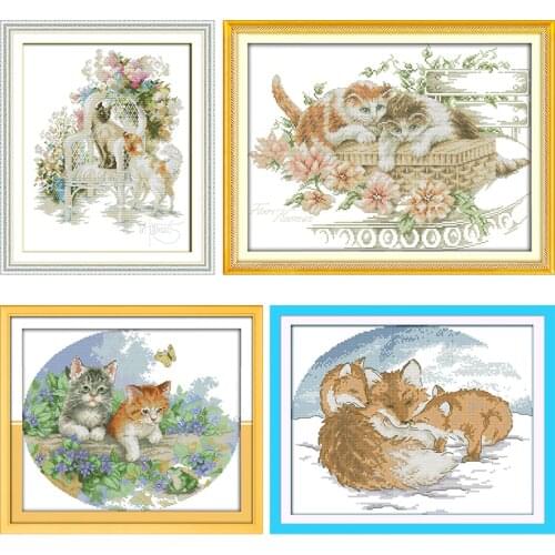 Joy Sunday Naughty Kittens Stamped Embroidery Cross Stitch Kits Needlework Printing 11CT 14CT Counted Patterns Crafts Home Decor
