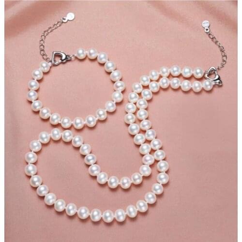 Natural Pearl 8-9mm Necklace Bracelet Set Near Round White Beads Featured Holiday Wedding Jewelry Send Mom Lovers
