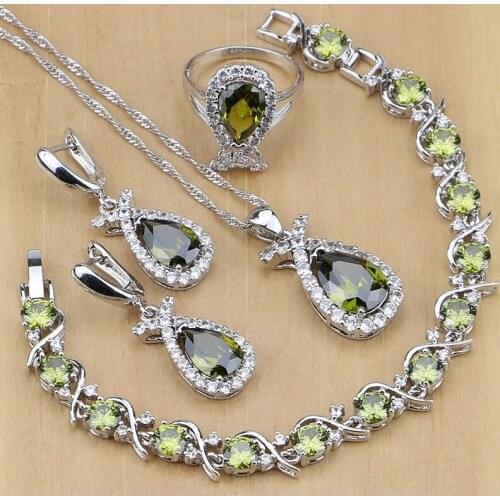Olive Green Zircon 925 Sterling Silver Jewelry Sets For Women Party Earrings/Pendant/Necklace/Rings/Bracelet