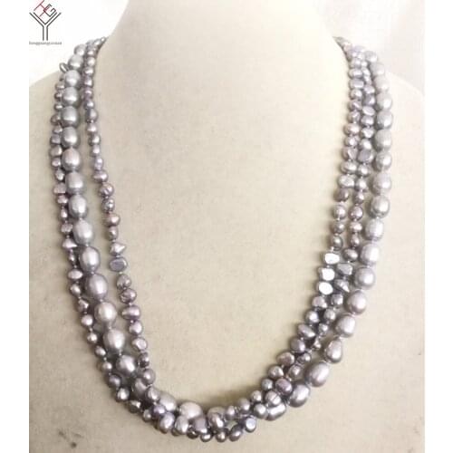 Women fashion Jewelry 3 Rows Necklace 6-10mm Gray colors natural pearl baroque freshwater pearl