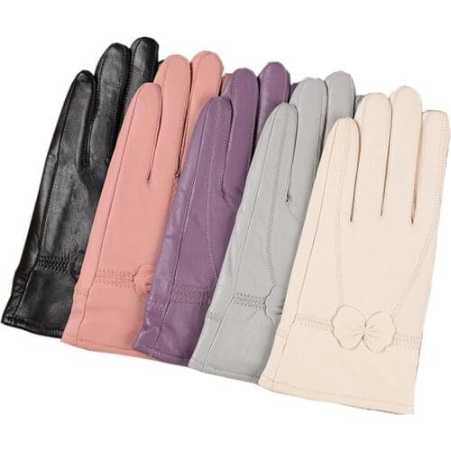 Zero fish Genuine Leather Gloves Womens casual gloves bow Real leather winter plus velvet thermal Mittens