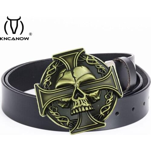 Stylish Vintage Men Belt Punk Rock Silver Metal Skull Head Buckle Clothes Accessories Luxury Genuine Leather Belt Cinturon Mujer